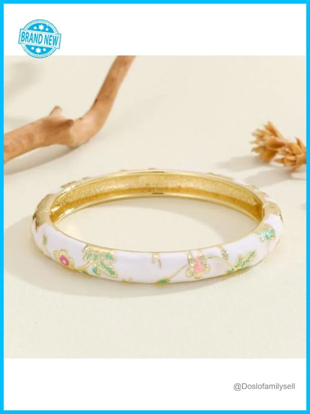 Cloisonne Bangle Bracelet Chunky Cuff Engraved Floral Enamel Gold Plated